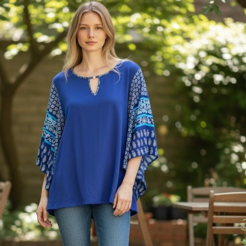 Chico's Kimono Sleeve Top Womens 2 Blue Mixed Print Boho Keyhole Neck